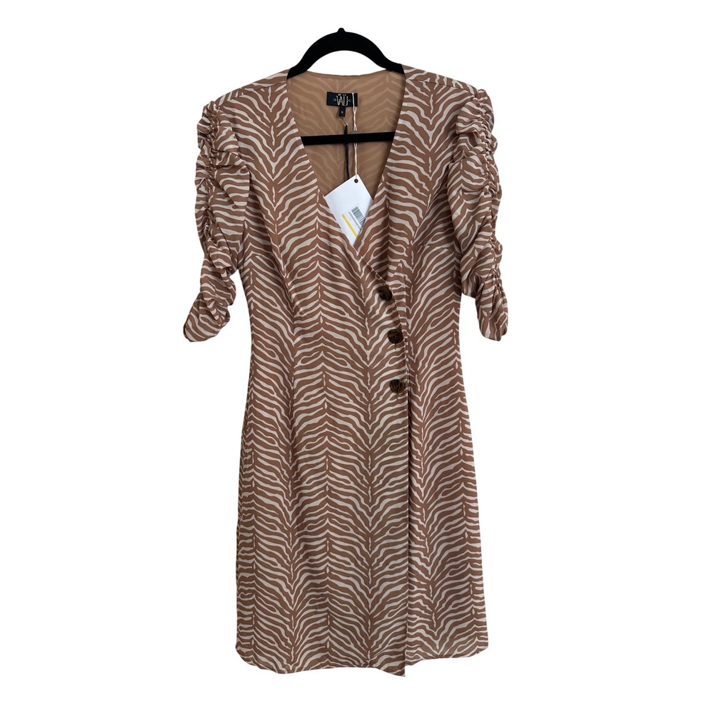 DE LA VALI Minnesota Printed Chiffon Dress Beige Tiger Ruched Sleeve UK 10 US 6
